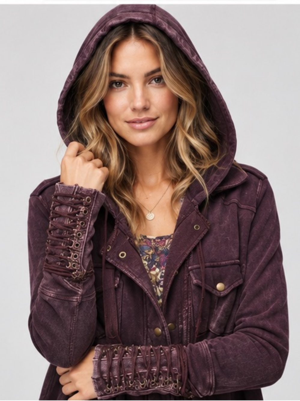 Free People Chelsea Cardi laced up sleeve Hooded cardigan jacket XS RARE Purple